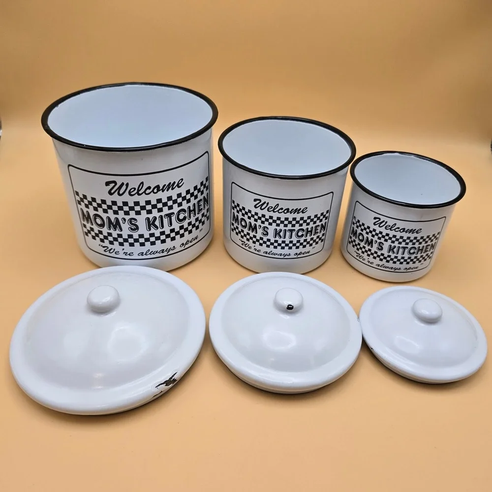 Vintage Mom's Kitchen Enamel Canister Set White Black Checkered 3 Piece Rustic
